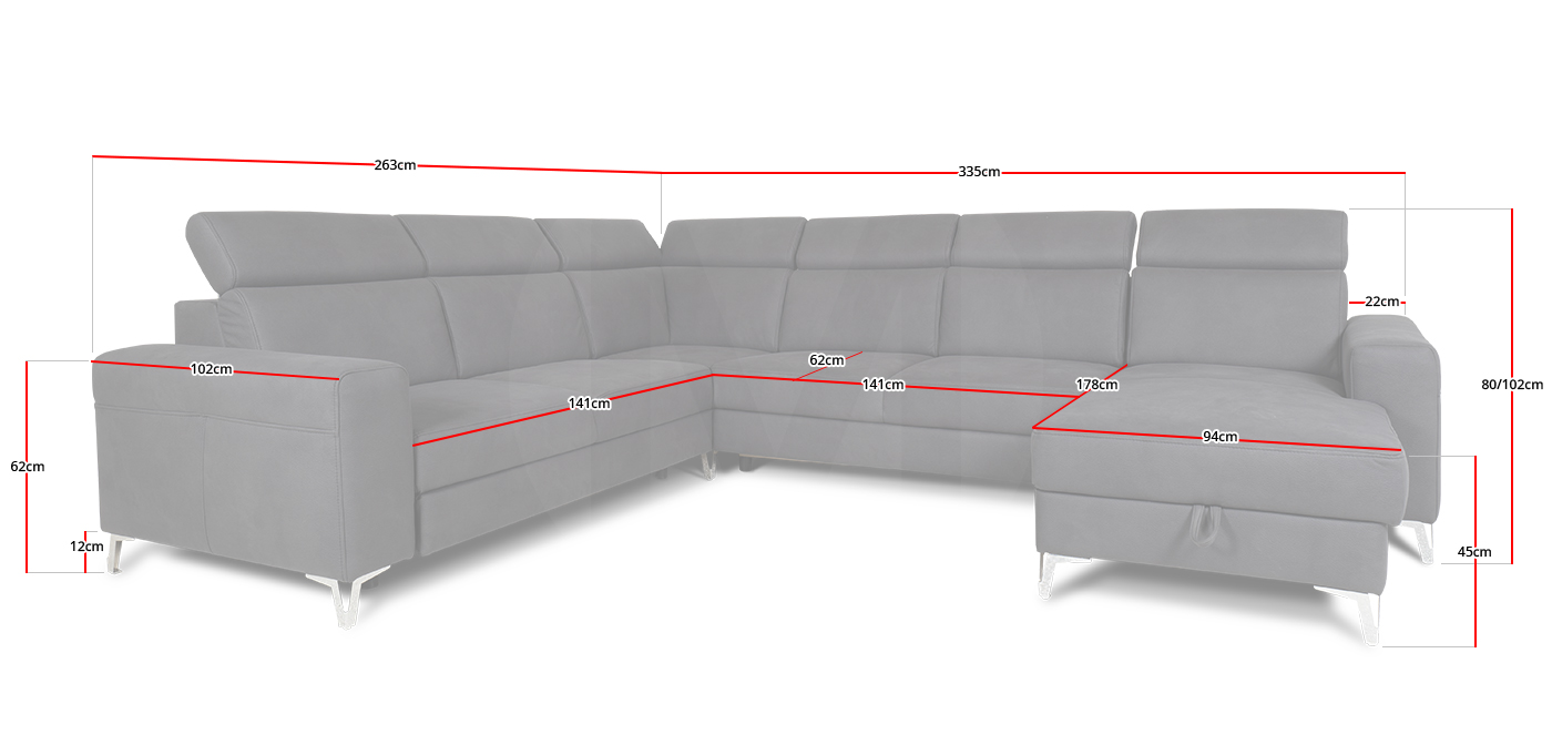 Dimensions générales du canapé d'angle SPLENDID U de Maxmobel