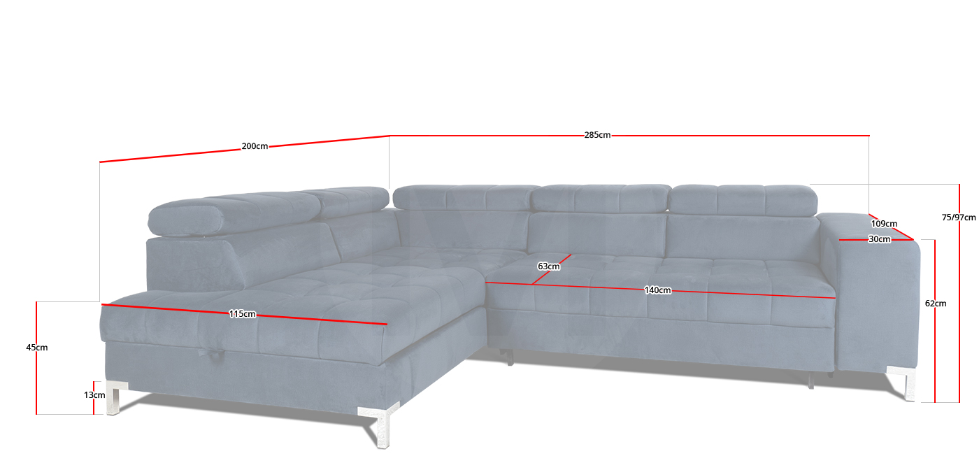 Dimensions générales du canapé d'angle Philadelphia de Maxmobel